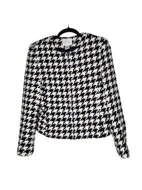 Vintage 6 Jacket Black White 100% Wool Houndstooth Zip Up Office Academia Career